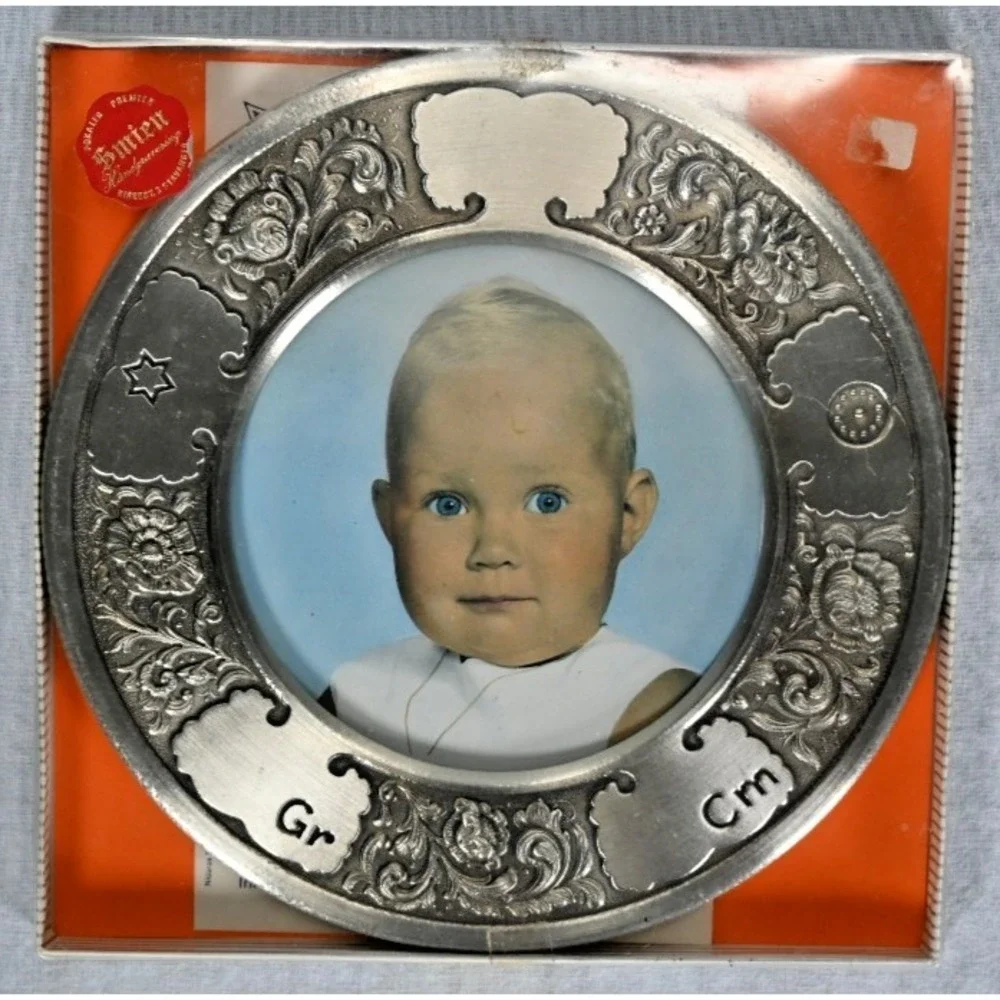 Vintage Pewter Birth Record Engravable Picture Frame 7
